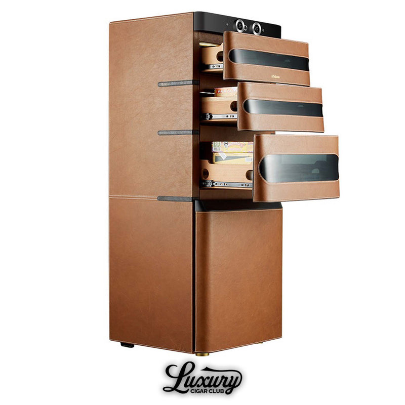 Angled view of Afidano L5 luxury cigar humidor with open drawers showcasing cedar storage and glass fronts, available at Luxury Cigar Club.