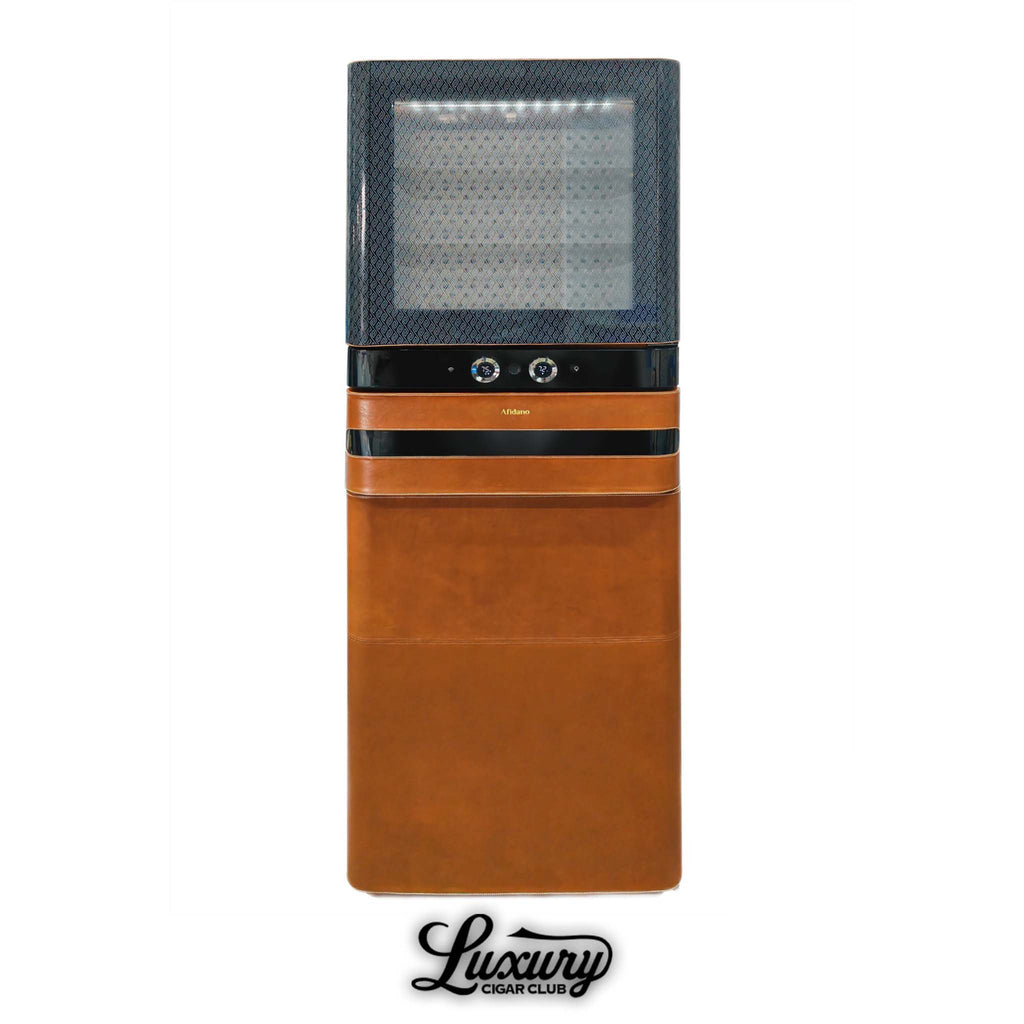 Afidano L6 luxury cigar humidor with glass door, cedar shelves, digital controls, and premium brown leather finish from Luxury Cigar Club.
