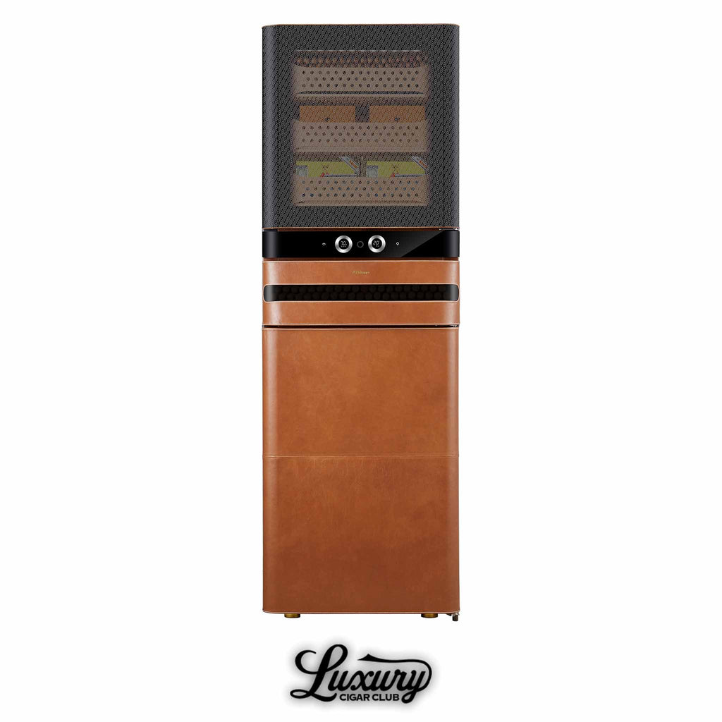 Afidano L8 luxury cigar humidor cabinet with black mesh door, cedar drawers, brown leather finish, and digital controls at Luxury Cigar Club.