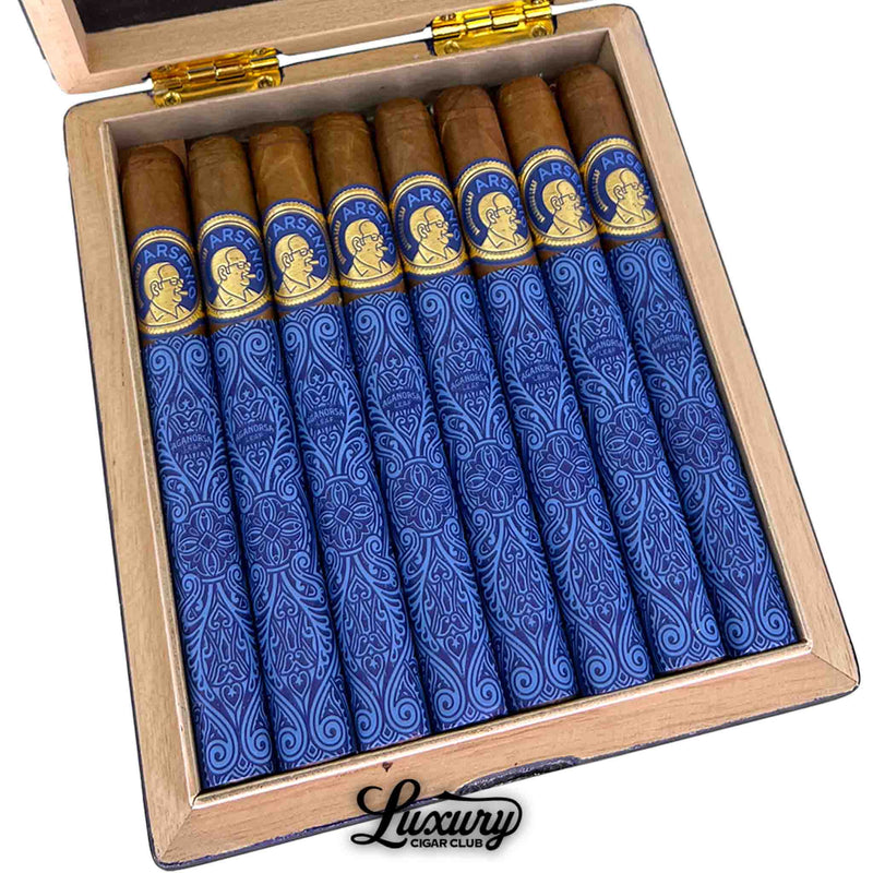 Close-up of Aganorsa Leaf Arsenio Corona cigars in their open wooden box, emphasizing the refined blue pattern wrapping and meticulous construction, representing premium Nicaraguan cigar excellence. Luxury Cigar Club.