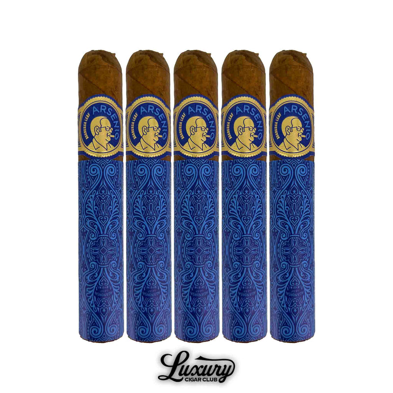 Five Aganorsa Leaf Arsenio Robusto cigars in a 5-pack formation, wrapped in striking blue paper with detailed gold branding and smooth brown caps, showcasing luxury and tradition. Luxury Cigar Club.