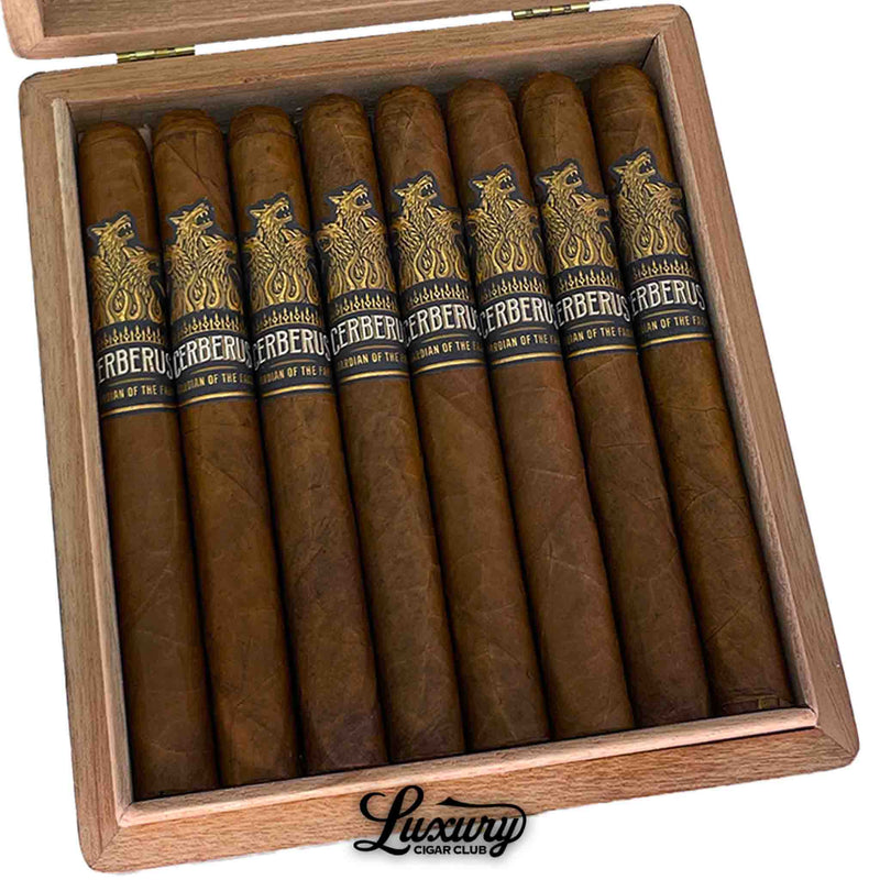Close-up view of Aganorsa Leaf Guardian Of The Farm Cerberus Toro cigars neatly packed in an open wooden box from Luxury Cigar Club.