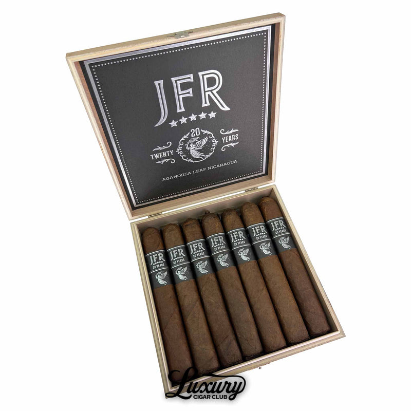 Box of Aganorsa Leaf JFR 20th Anniversary 770 cigars with black and silver bands from Luxury Cigar Club.