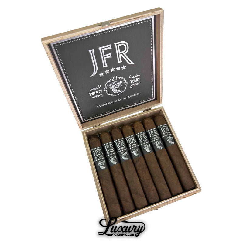 Open box of Aganorsa Leaf JFR 20th Anniversary Titan cigars with black and silver bands from Luxury Cigar Club.