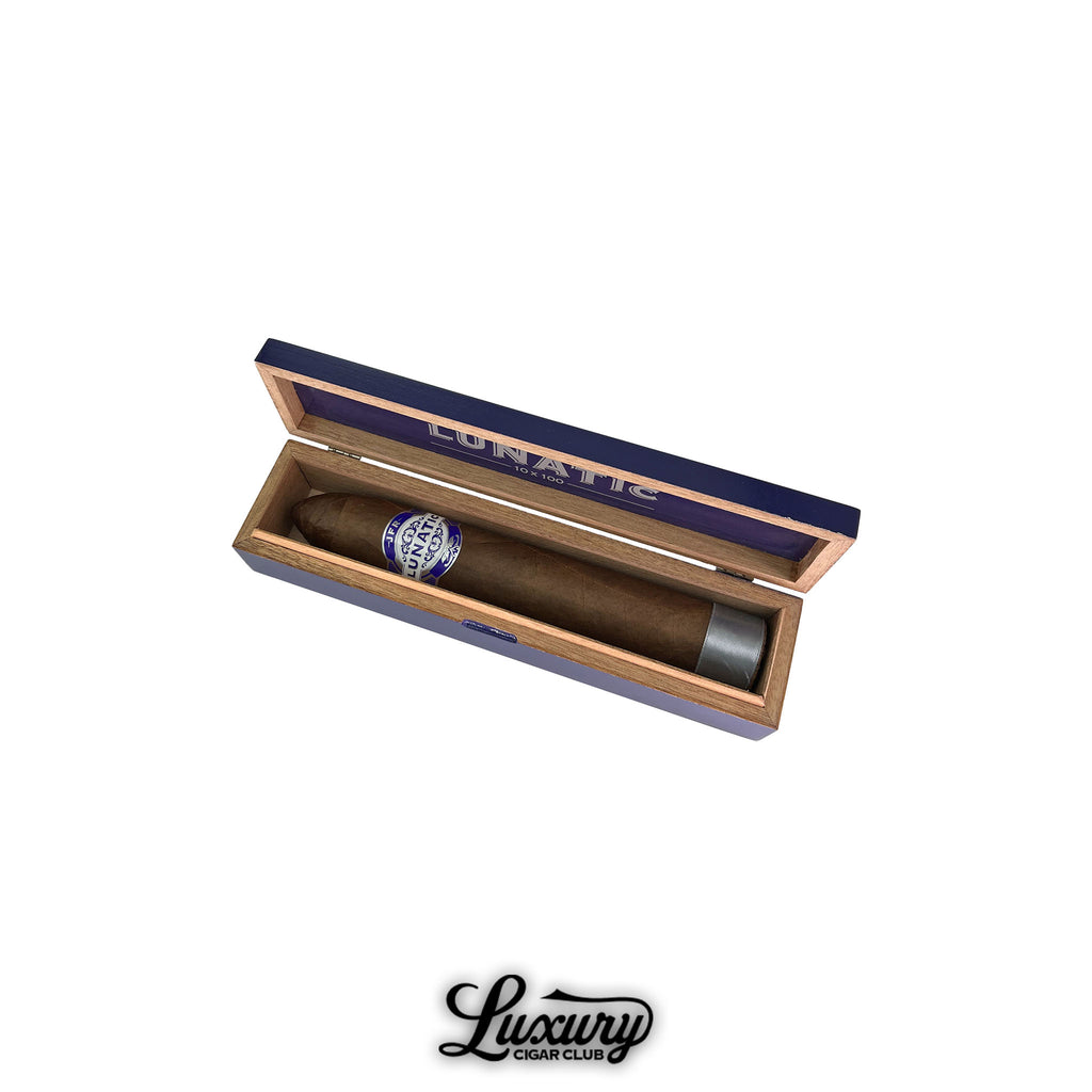 Aganorsa Leaf JFR Lunatic Maduro 10x100 cigar displayed in open single box with band visible, extra large premium cigar from Luxury Cigar Club.
