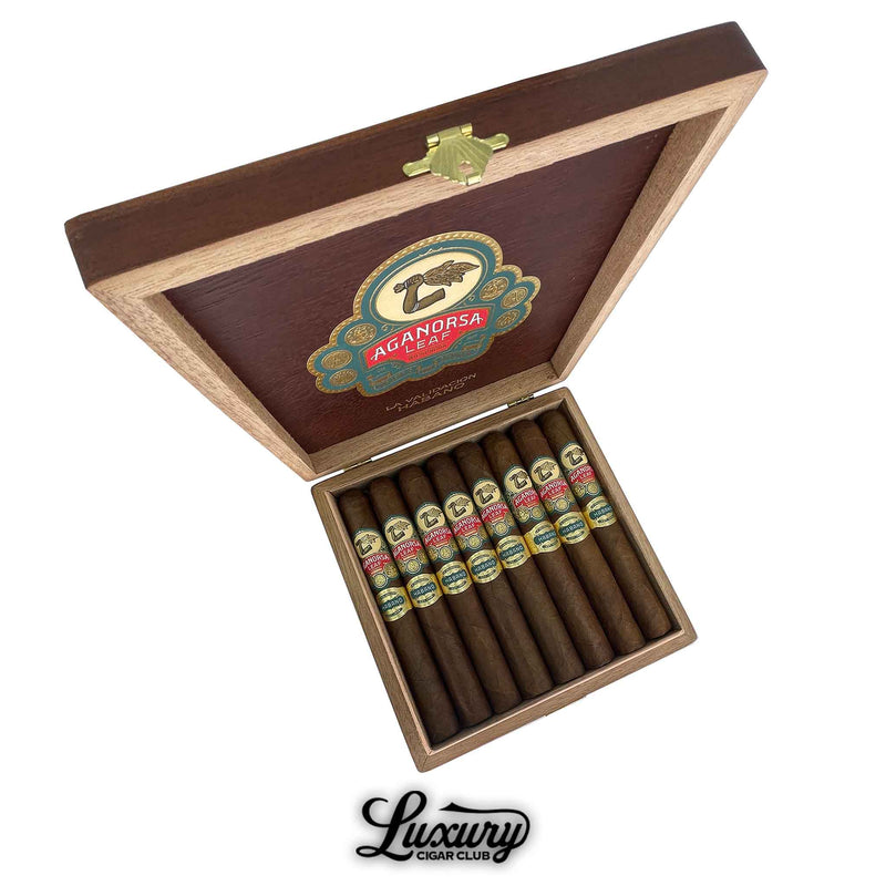 Open box of Aganorsa Leaf La Validación Habano Toro cigars featuring elegant bands and premium Nicaraguan tobacco, Luxury Cigar Club branding.