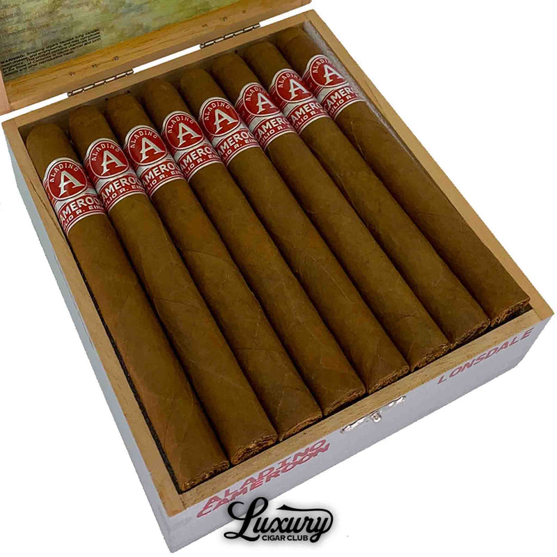 Close-up view of Aladino Cameroon Lonsdale cigars inside the box, highlighting the rich brown wrapper and signature Aladino branding, ideal for luxury cigar enthusiasts.