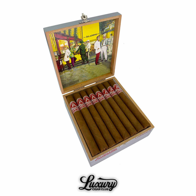 Open box of Aladino Cameroon Lonsdale cigars displayed in rows, showcasing their premium Connecticut wrapper and band design, perfect for cigar aficionados shopping online.