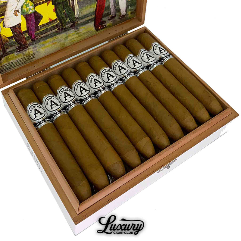 Close-up view of Aladino Connecticut Queens cigars inside box, highlighting the golden Connecticut wrappers and detailed cigar bands for Luxury Cigar Club product listing.