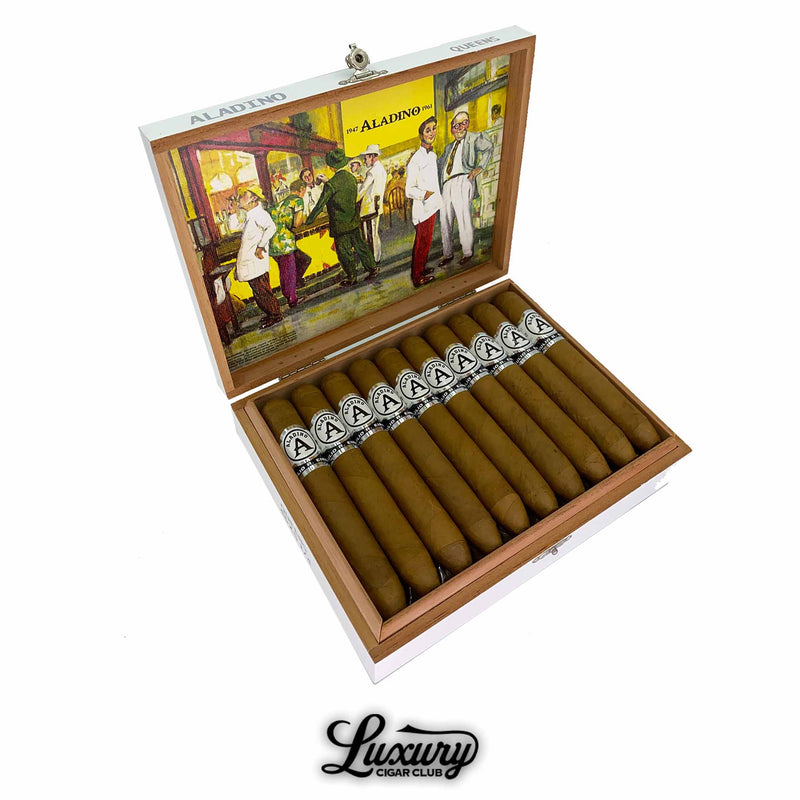 Open box of Aladino Connecticut Queens cigars from Luxury Cigar Club, showcasing premium Connecticut-wrapped cigars neatly arranged inside a decorative box.