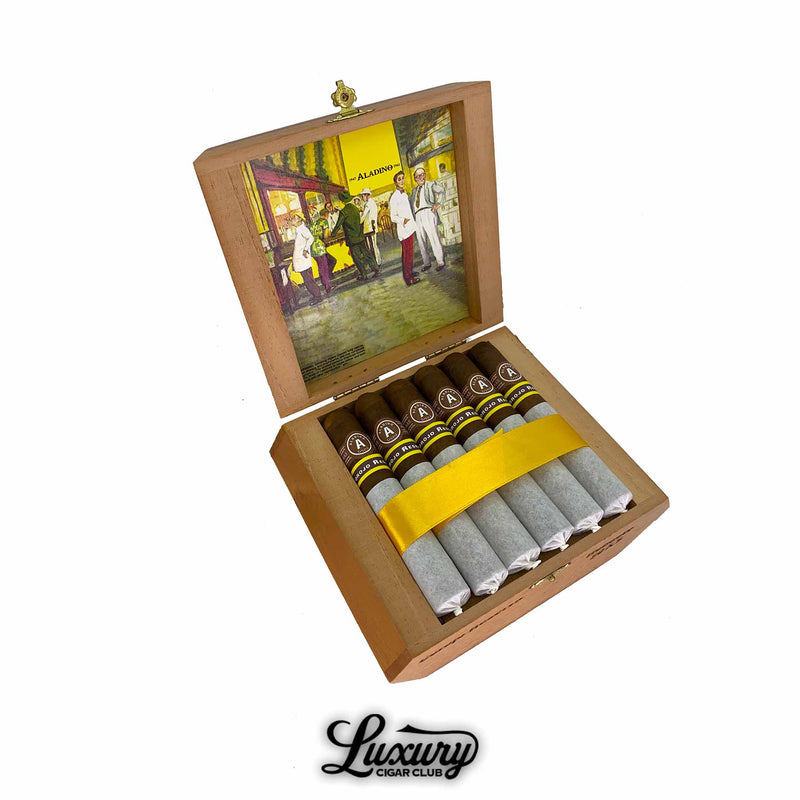 Box of Aladino Corojo Reserva Robusto cigars neatly wrapped with tissue paper and yellow ribbon, buy authentic cigars online at Luxury Cigar Club.