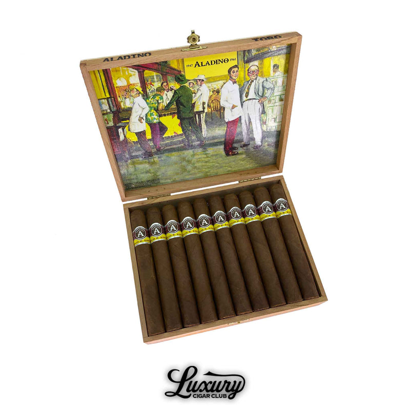  Open box of Aladino Corojo Toro cigars featuring classic brown bands and yellow foot ribbons, Luxury Cigar Club branding.
