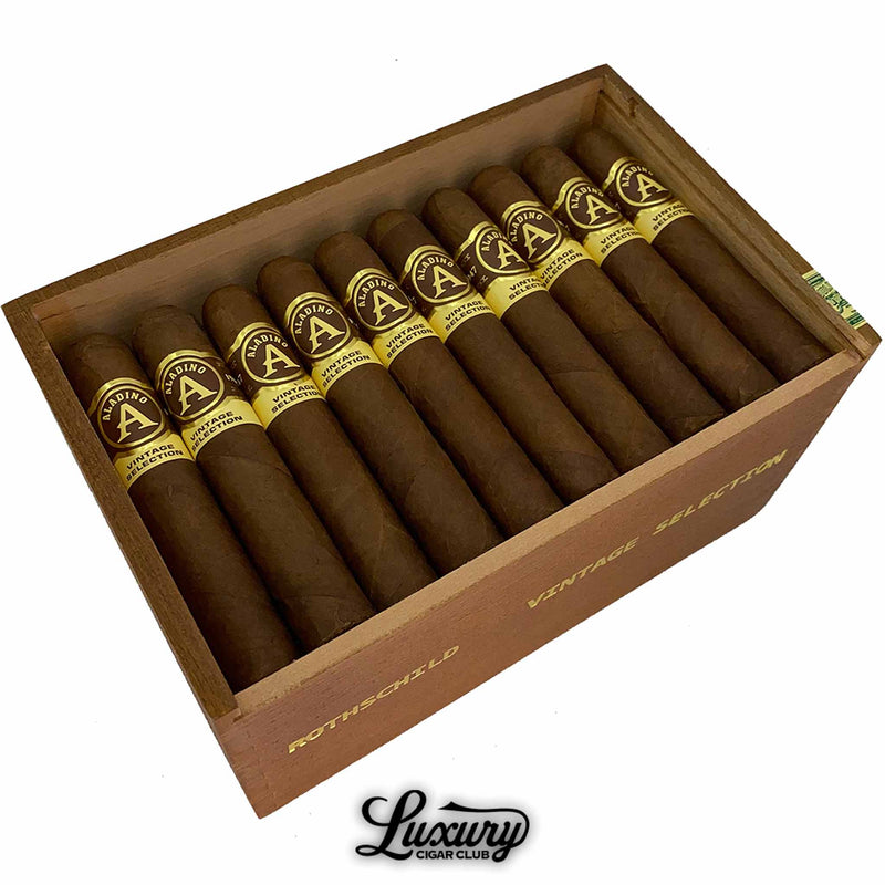 Close-up view of Aladino Habano Vintage Selection Rothschild cigars neatly packed in open cedar box, showing detailed cigar bands and wrapper texture, Luxury Cigar Club