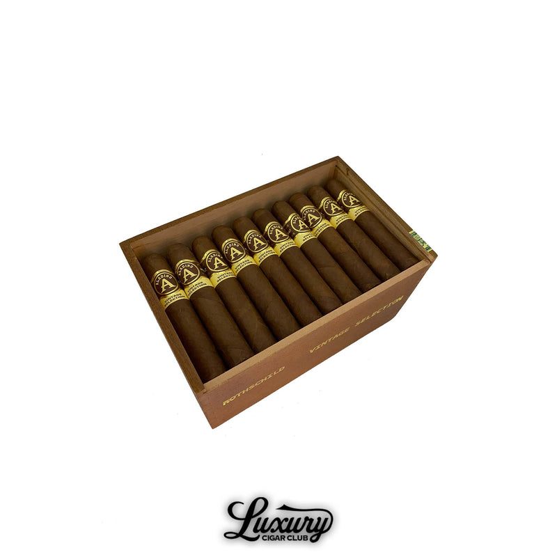 Box of Aladino Habano Vintage Selection Rothschild cigars with visible bands and natural brown wrappers, open cedar box with branding, Luxury Cigar Club