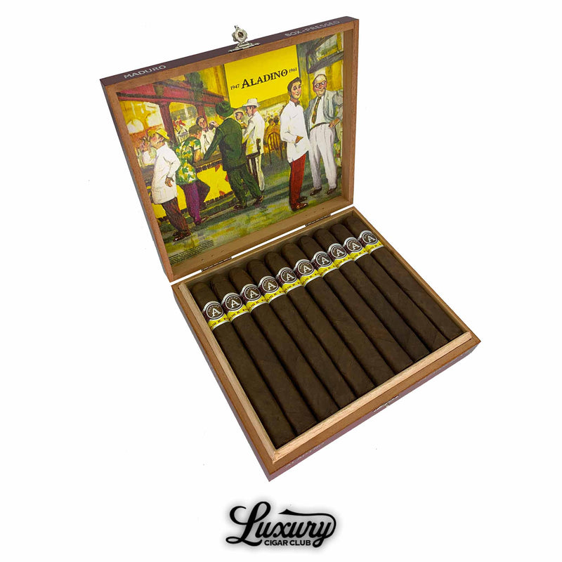 Open box of Aladino Maduro Cazador cigars showcasing a row of premium dark-wrapped cigars with detailed branding, perfect for connoisseurs seeking rich, bold flavors — Luxury Cigar Club.