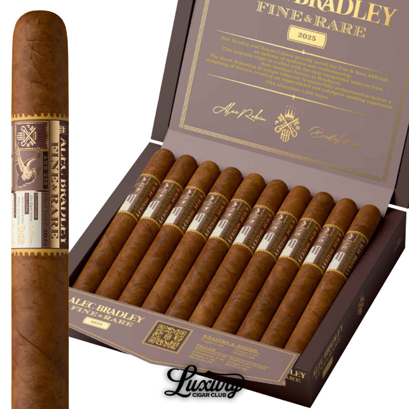 Close-up of Alec Bradley Fine & Rare ANB-228 Toro cigars highlighting the refined band design and premium presentation, featured by Luxury Cigar Club.