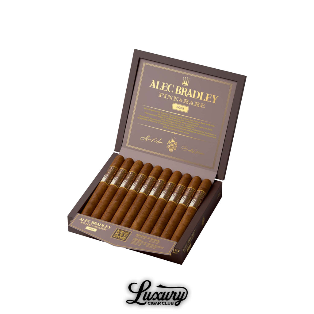 Alec Bradley Fine & Rare ANB-228 Toro cigars displayed in an elegant brown and gold box, showcasing the 2025 edition craftsmanship, available at Luxury Cigar Club.