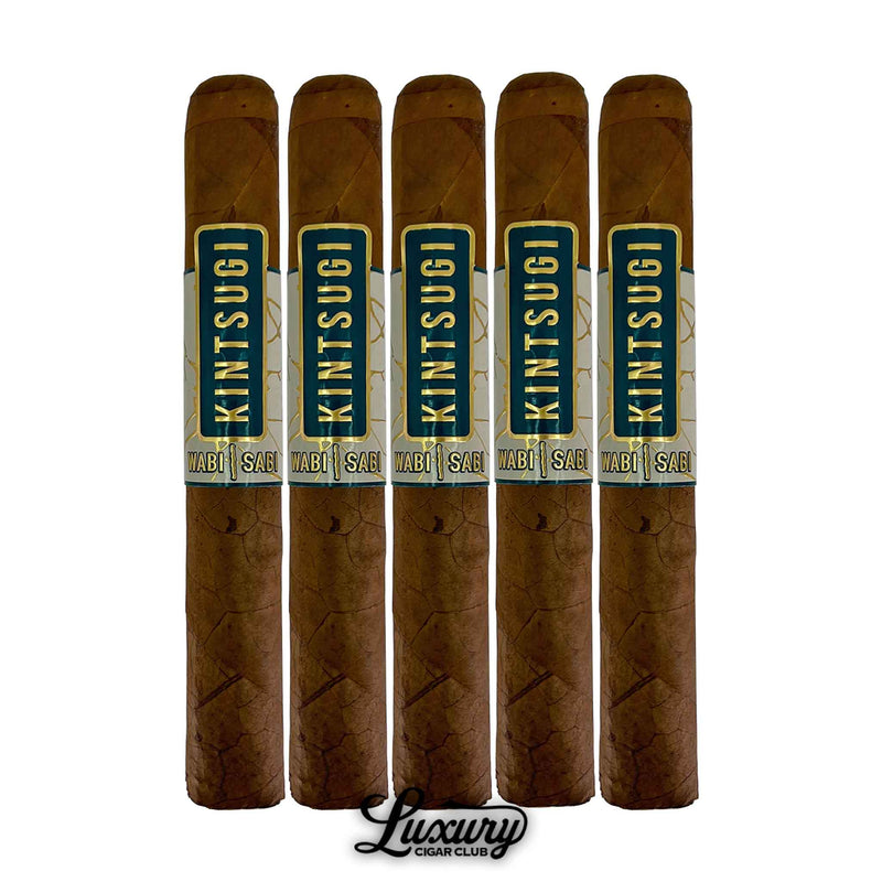 Five Alec Bradley Kintsugi Wabi Sabi Limited Edition Toro cigars arranged in a row, featuring teal and gold bands, with the Luxury Cigar Club logo.