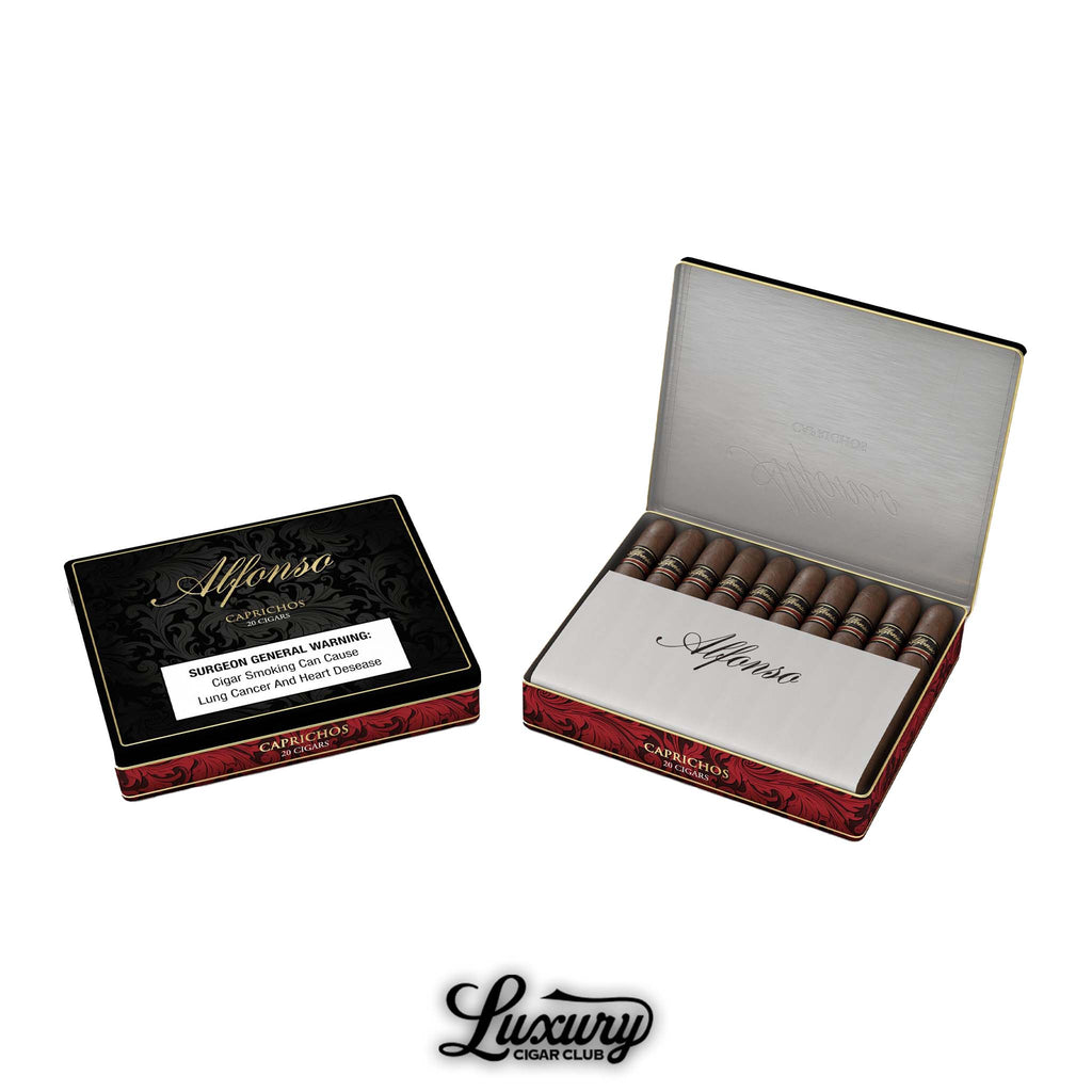 Alfonso Caprichos cigars displayed in an elegant red and black tin, featuring 20 mini cigars with signature branding, available at Luxury Cigar Club.