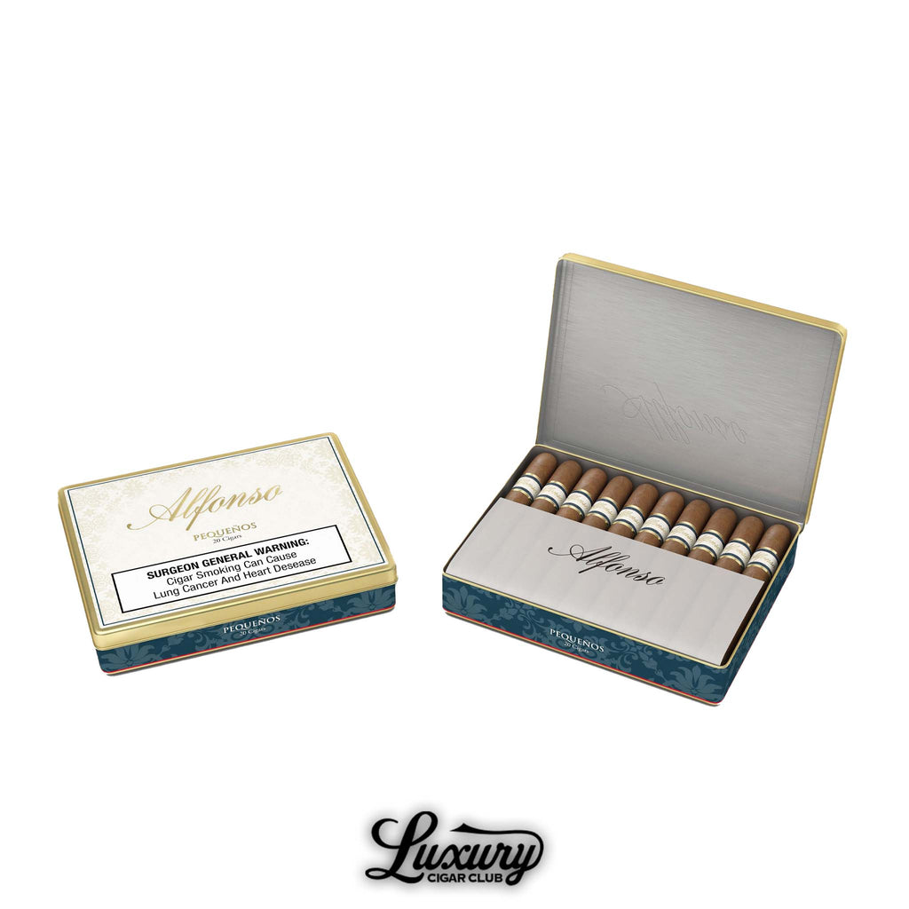 Alfonso Pequenos cigars in a decorative tin box, featuring individually wrapped mini cigars with embossed branding, available at Luxury Cigar Club.