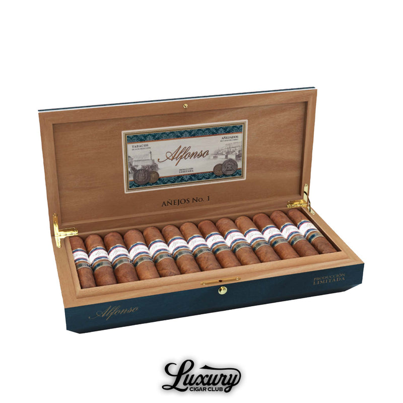 Open box of Alfonso Añejo Producción Limitada No. 1 cigars displayed in elegant wooden packaging, featuring double-banded cigars with blue and silver accents and vintage-inspired label on the inner lid.