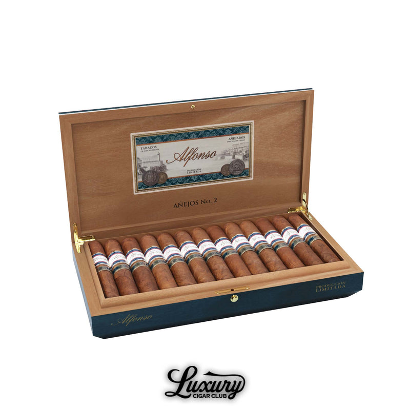 Box of Alfonso Añejo Producción Limitada No. 2 cigars from Luxury Cigar Club, featuring premium double-banded cigars neatly arranged in a sleek wooden box with vintage-style branding on the inner lid.