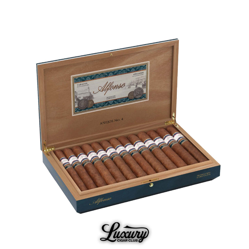 Alfonso Añejo Producción Limitada No. 4 cigars showcased in an elegant open box, highlighting premium handcrafted cigars with signature banding from Luxury Cigar Club.