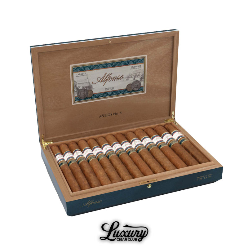 Alfonso Añejo Producción Limitada No. 5 cigars displayed in an open luxury box, featuring handcrafted premium cigars with elegant bands from Luxury Cigar Club.