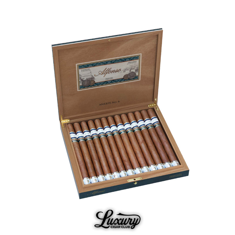Alfonso Añejo Producción Limitada No. 6 cigars neatly arranged in an open blue-trimmed wooden box, showcasing long, premium cigars with elegant white and blue bands from Luxury Cigar Club.