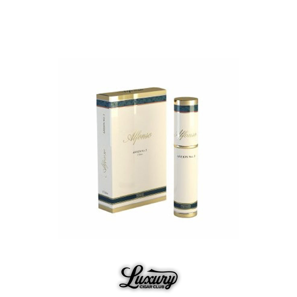 Alfonso Anejos No. 2 Tubo cigar and box packaging with elegant gold and teal accents, highlighting the limited edition presentation offered by Luxury Cigar Club.