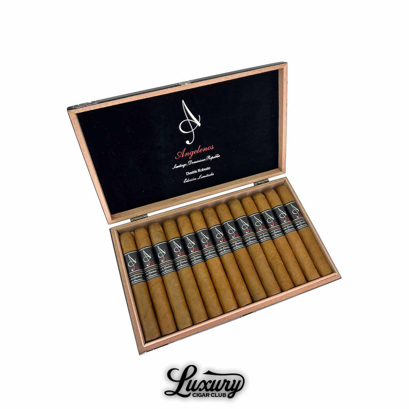 Open box of Angelenos Double Robusto Edición Limitada cigars with black and red bands, displayed with Luxury Cigar Club branding.