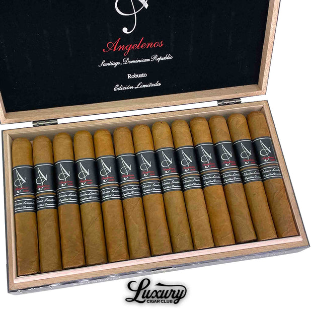Close-up of Angelenos Limited Edition Robusto cigars highlighting elegant black cigar bands with silver 