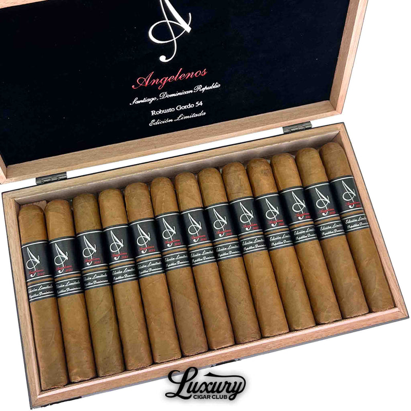 Open box of Angelenos Limited Edition Robusto Gordo cigars with smooth Connecticut shade wrappers from Luxury Cigar Club