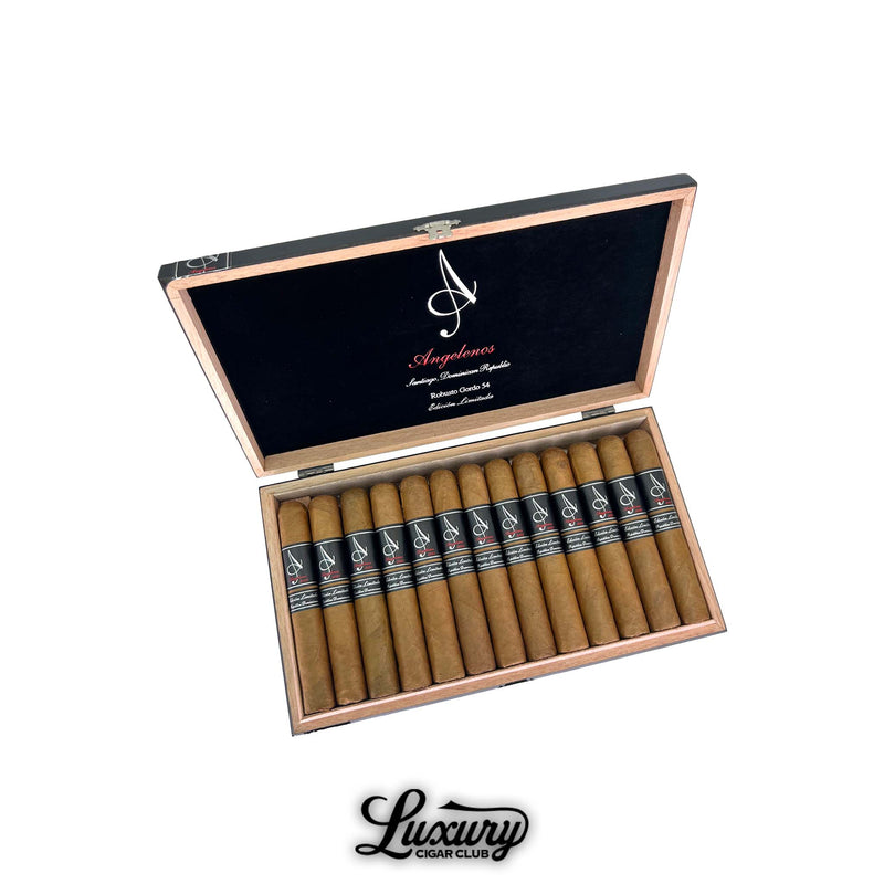 Open box of Angelenos Limited Edition Robusto Gordo cigars with premium golden brown wrappers from Luxury Cigar Club