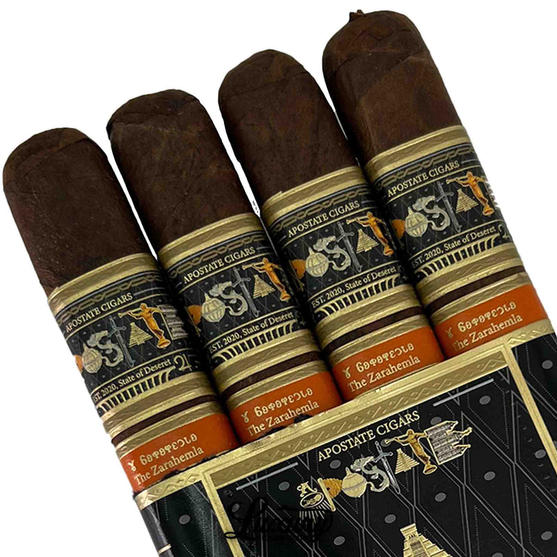 Close-up view of Apostate Cigars The Zarahemla Robusto featuring detailed cigar bands with gold, black, and orange accents, showcasing brand name and blend name, from Luxury Cigar Club.