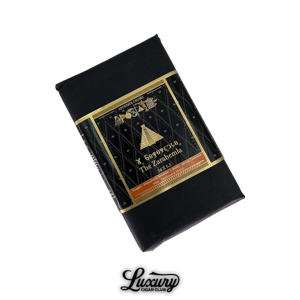 Apostate Cigars The Zarahemla Robusto 5x54 in black paper bundle with gold-accented label, featuring pyramid artwork and cigar blend details, from Luxury Cigar Club.