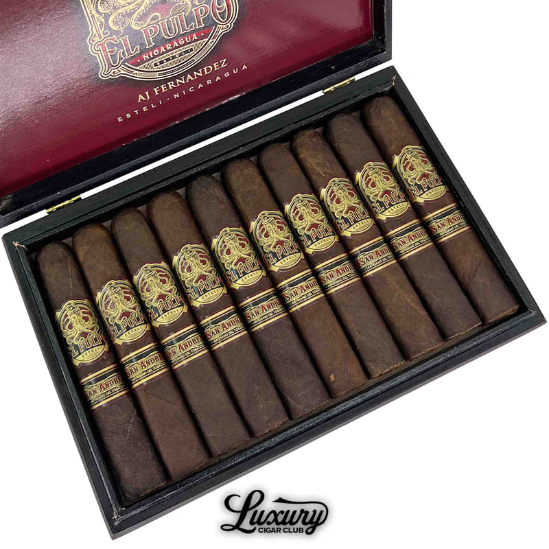 Close-up view of Artesano Del Tobacco El Pulpo Robusto Grande cigars inside a black and red box. Each cigar features a dark San Andrés wrapper and is adorned with detailed gold and red bands reading "El Pulpo" and "San Andres." The Luxury Cigar Club logo appears at the bottom of the image.