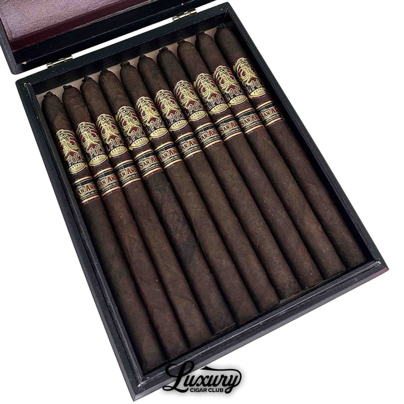 ChatGPT said:
Close-up view of Artesano Del Tobacco El Pulpo Eel Lancero cigars, displaying twelve dark brown cigars with intricate gold and red double bands marked "El Pulpo" and "San Andres," neatly arranged in a black wooden box.