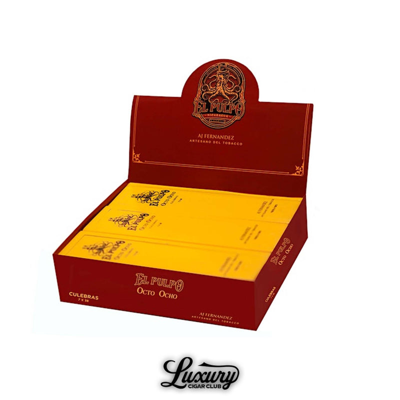 Artesano Del Tobacco El Pulpo Octo Ocho Culebra cigars displayed in a red and yellow open box featuring a bold octopus-themed design and AJ Fernandez branding.