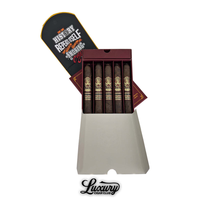Box of five Artesano Del Tobacco El Pulpo The Fry cigars in individual slots, with an open lid displaying the phrase "History Repeats Itself When You're Smoking Cigars" in stylized lettering.