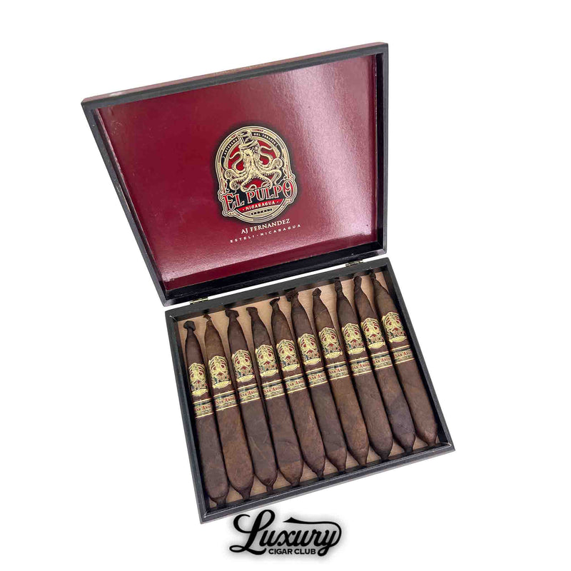 Luxury Cigar Club box of El Pulpo The Squid Perfecto cigars by AJ Fernandez with ornate bands in a red and black presentation.