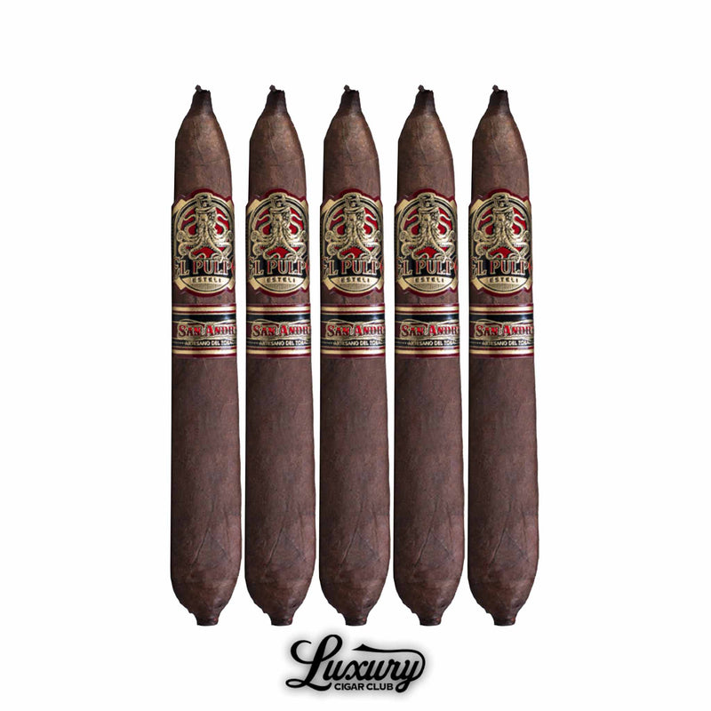 Five Artesano Del Tobacco El Pulpo The Squid Perfecto Box Pressed cigars with San Andrés Maduro wrapper and bold red and gold bands, offered by Luxury Cigar Club.