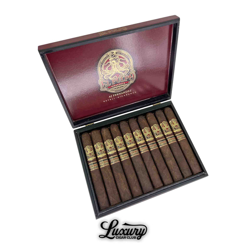 Box of Artesano Del Tobacco El Pulpo Toro Grande cigars, featuring 10 dark-wrapped cigars with red and gold bands. The interior lid is decorated with an ornate gold octopus logo reading "El Pulpo Nicaragua" and "AJ Fernandez Estelí, Nicaragua." Luxury Cigar Club logo is visible at the bottom.