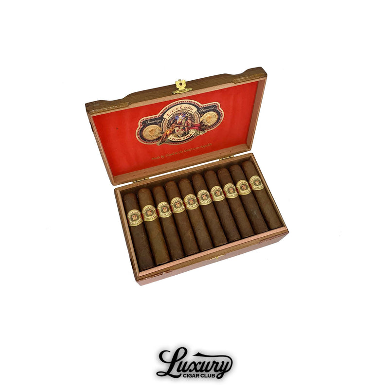 Open wooden box of Arturo Fuente Casa Cuba Doble Cuatro cigars featuring ten medium-bodied cigars with golden bands, presented on a white background with Luxury Cigar Club branding.