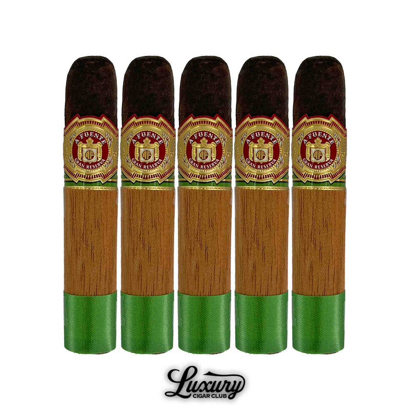 Five-pack of Arturo Fuente Chateau Fuente Maduro cigars with cedar sleeves and green foot bands, displayed with the Luxury Cigar Club logo.