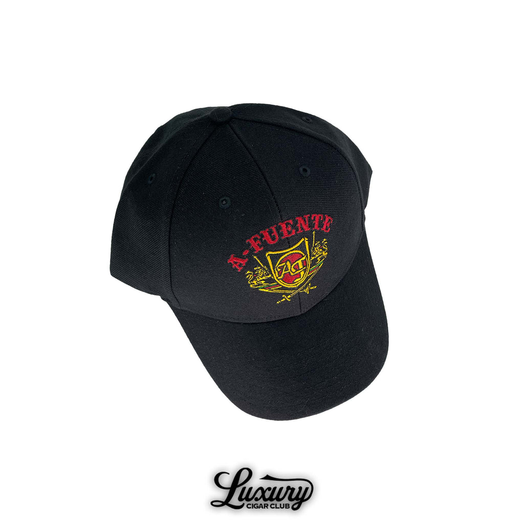 Luxury Cigar Club Arturo Fuente Classic Hat in black with AF crest embroidered in red and gold.