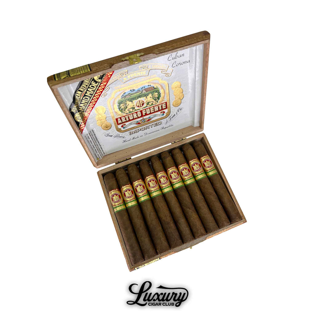 Open box of Arturo Fuente Cuban Corona Natural cigars from Luxury Cigar Club.