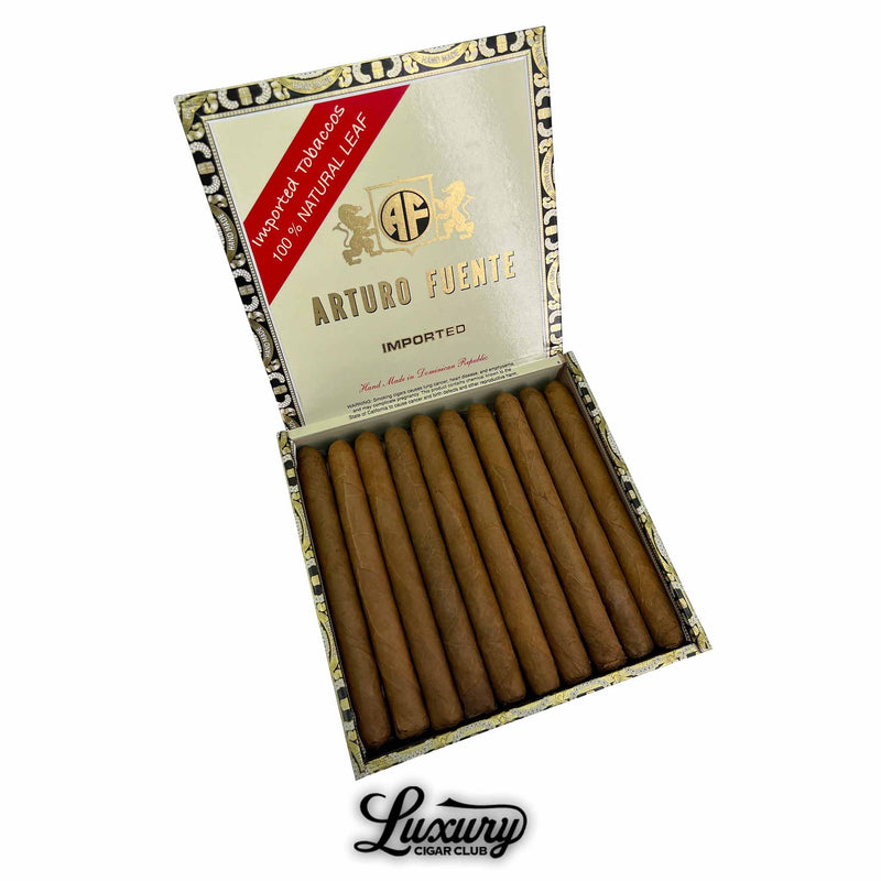 Open box of Arturo Fuente Curly Head Natural Lonsdale cigars featuring natural wrappers, handmade in the Dominican Republic with imported tobaccos and 100% natural leaf.