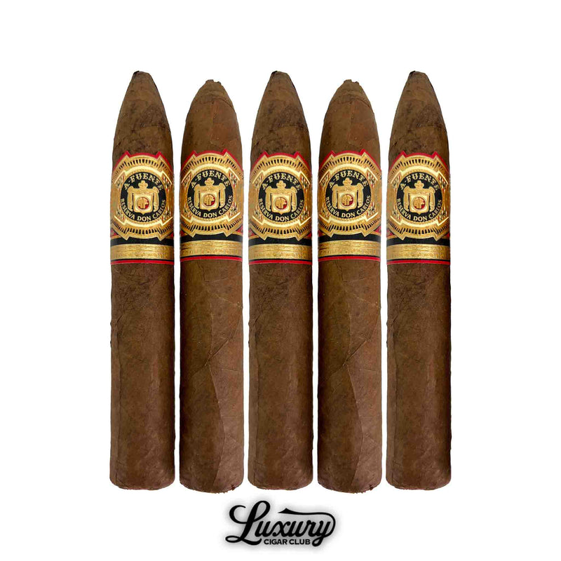 Five Arturo Fuente Don Carlos Belicoso cigars from Luxury Cigar Club, perfectly rolled torpedoes with luxurious Cameroon wrappers and classic Fuente labeling.