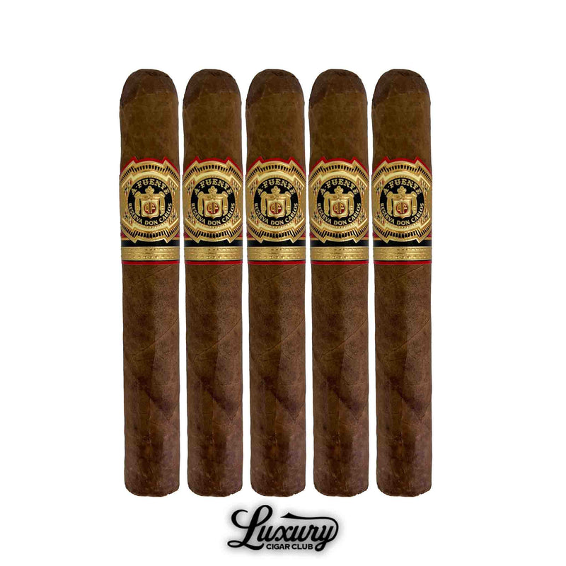 Five-pack of Arturo Fuente Don Carlos Double Robusto cigars with black and gold bands, premium Dominican cigars available at Luxury Cigar Club.